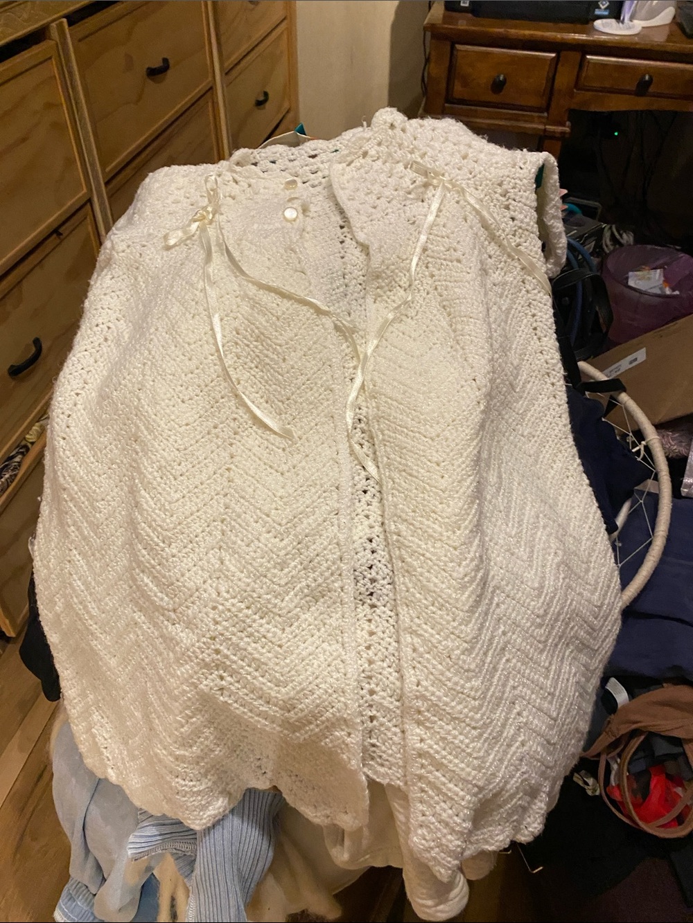 Cream Knit Baby Cape Jacket with Ribbon Tie